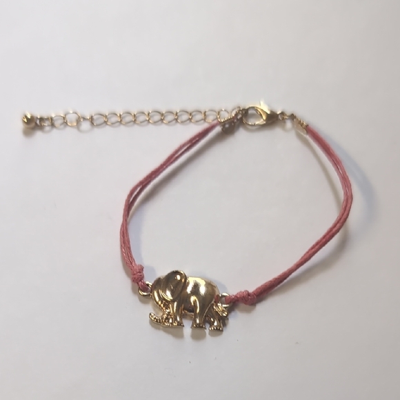 Gold Elephant Charm Bracelet with Pink Cord - Picture 1 of 4